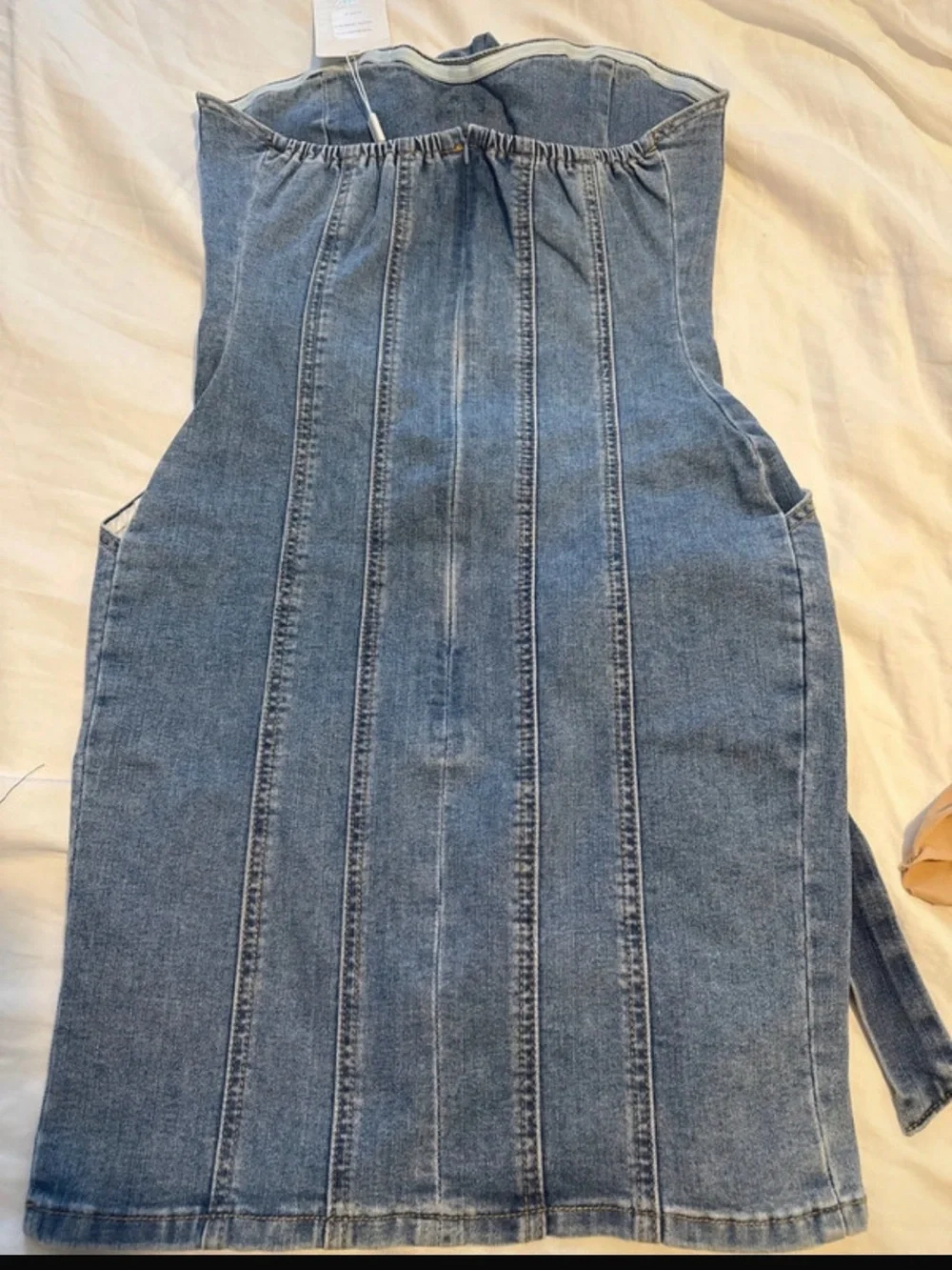Love Tree Blue Denim Strapless Midi Dress with Rosette Accents